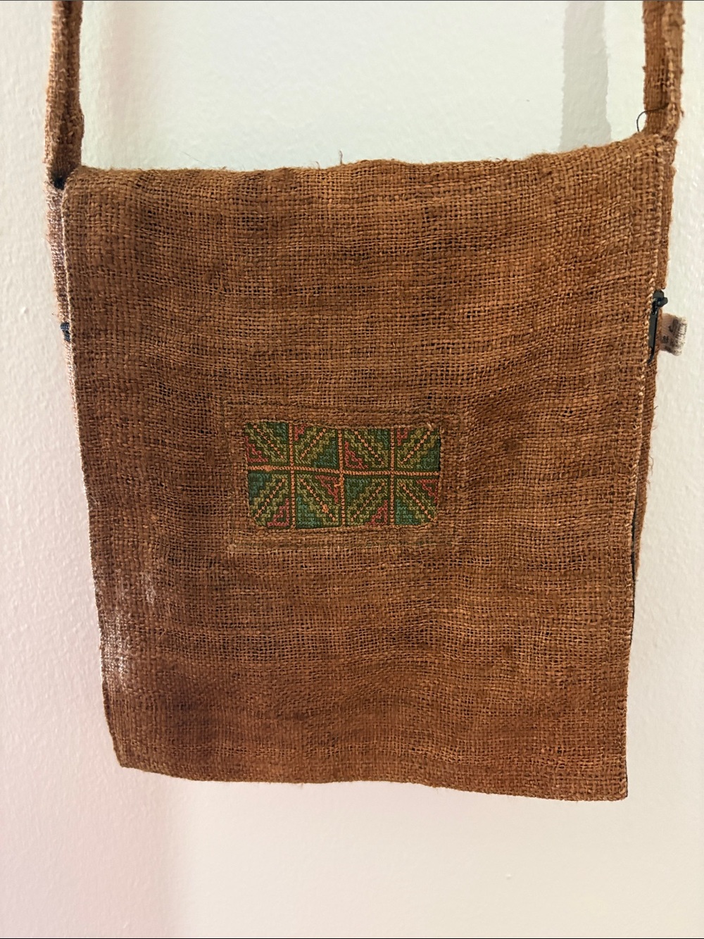 Handwoven Brown Crossbody Bag with Green Embroidered Panel